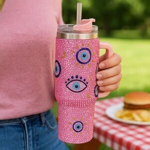 💖 Pink Rhinestone Evil Eye 40oz Tumbler with Handle & Straw – Sparkle & Protect